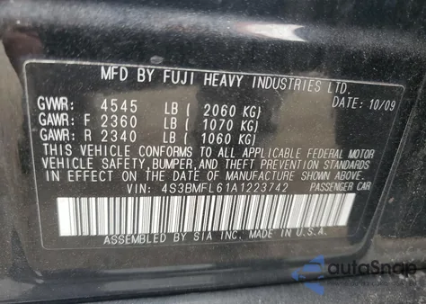 2010 Subaru Legacy 2.5Gt Limited z USA, uszkodzony, nr VIN 4S3BMFL61A1223742